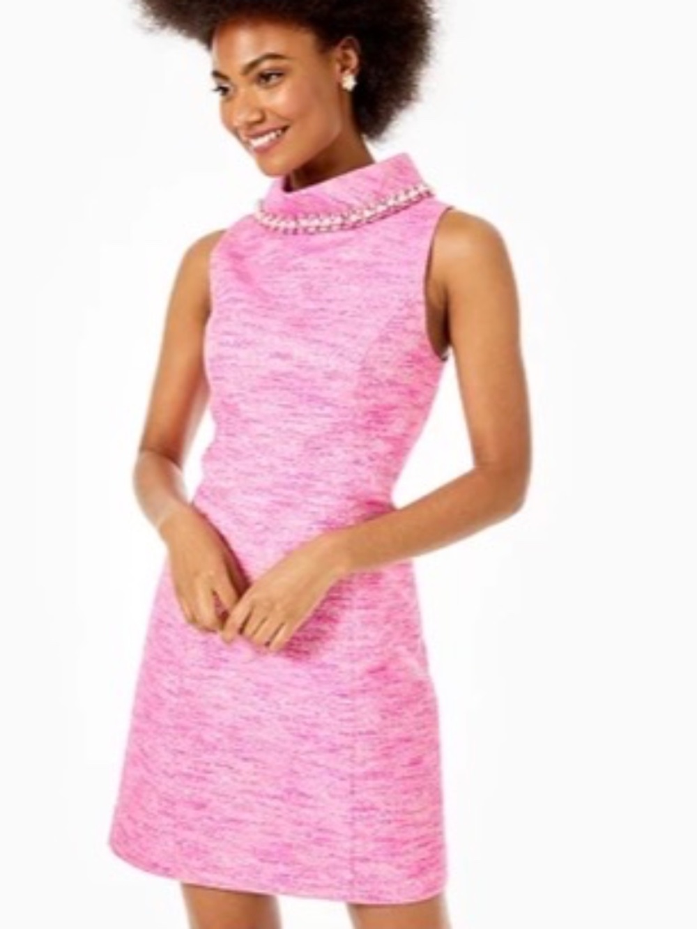 Lilly Pulitzer Portia Mock Neck Beaded Shift Dress Pink Tweed